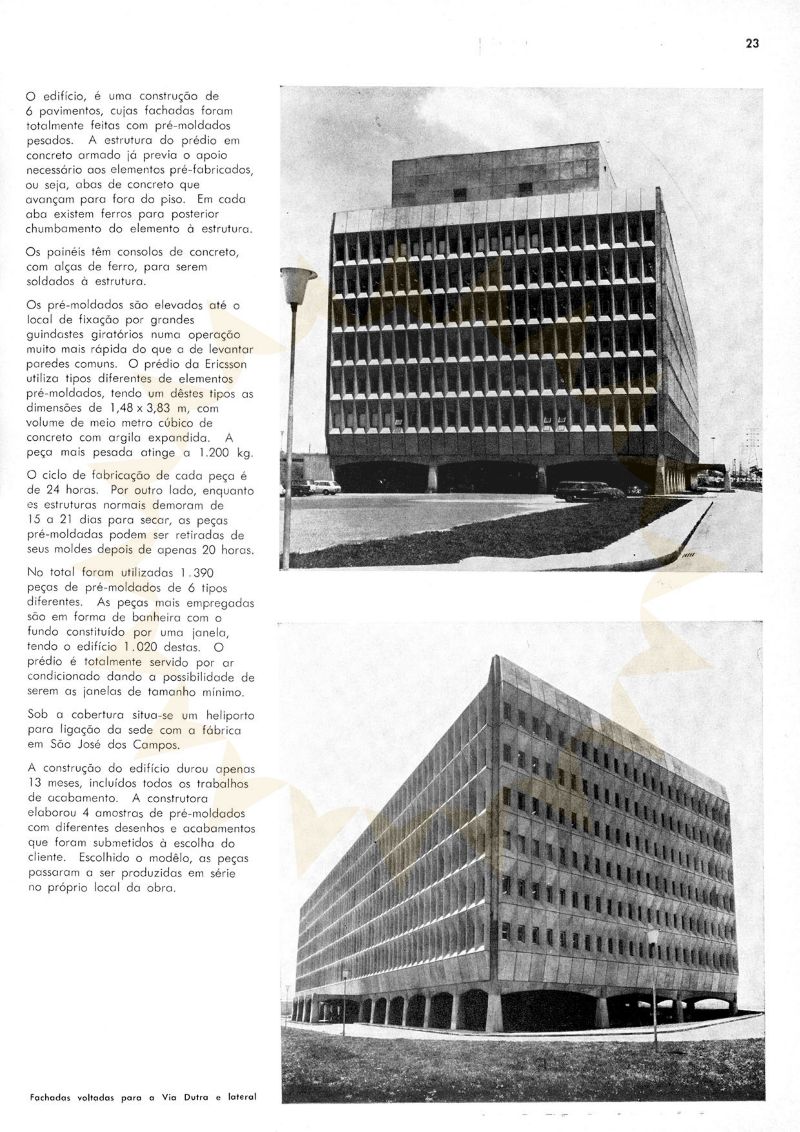 Fachadas do edifício [título atribuído], 1971. Fonte:Sede da indústria de telecomunicações. Fonte: Acrópole,São Paulo, ano 32, n. 381, p 23, jan 1971