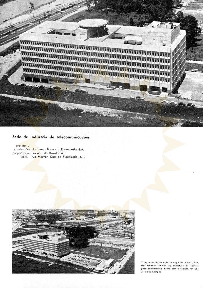 Vista aérea do edifício [título atribuído], 1971. Fonte: Sede da indústria de telecomunicações. Acrópole,São Paulo, ano 32, n. 381, p 22, jan 1971