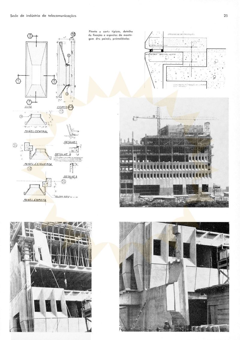 Detalhes da montagem da fachada [título atribuído], 1971. Fonte:Sede da indústria de telecomunicações. Fonte: Acrópole,São Paulo, ano 32, n. 381, p 23, jan 1971