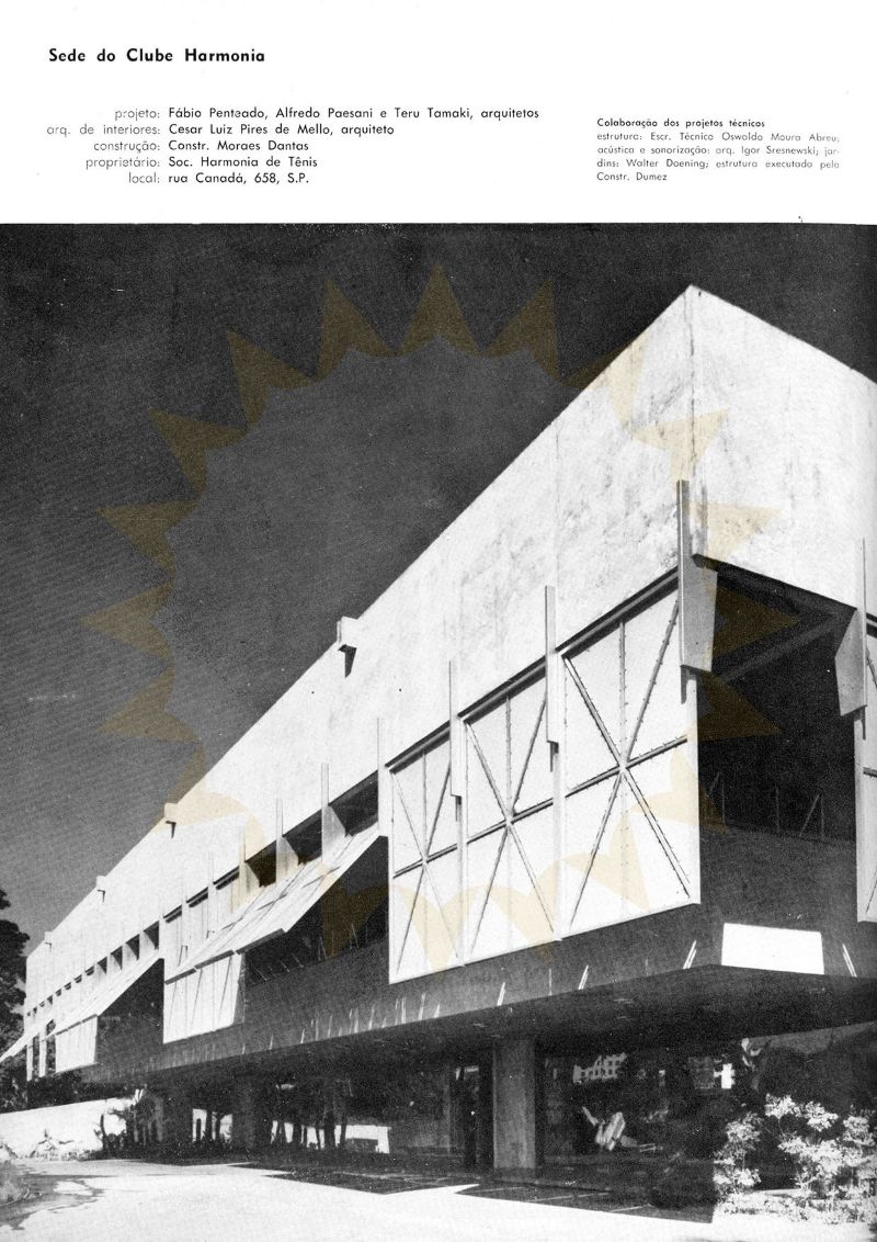 Fachada com brises móveis [título atribuído], 1971. Fonte: Sede do Clube Harmonia. Acrópole. Ano 32, n.384, p.12, mai.1971.