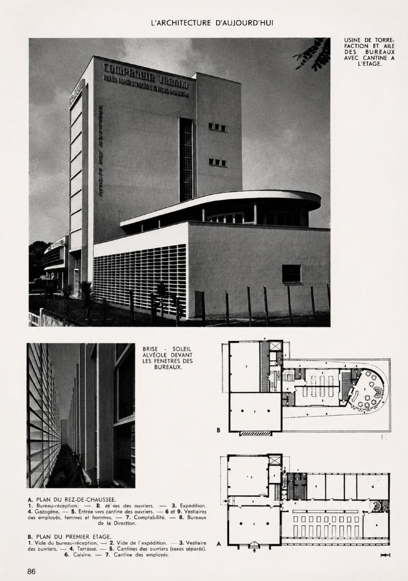 Publicação do projeto em revista internacional em edição dedicada ao Brasil [título atribuído], 1947. Fonte: Usine de torrêfaction et entrepots. L'acrchitecture d'aujourd'hui. Paris, ano 18, n.13-14, p.87, set. 1947 [imagem editada]